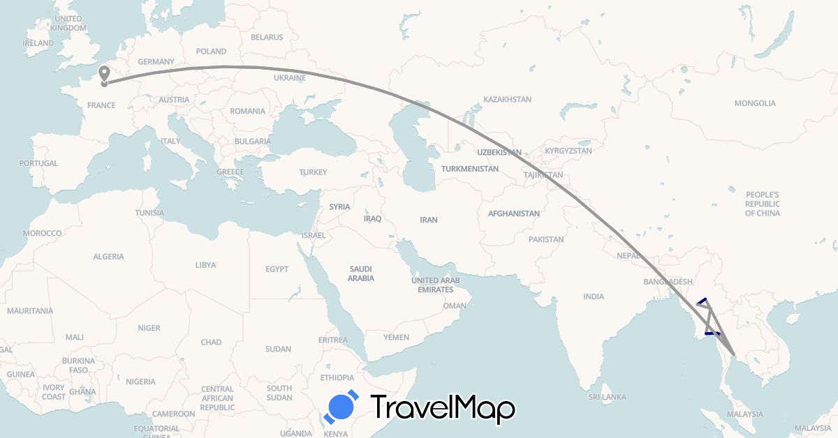 TravelMap itinerary: driving, plane in France, Myanmar (Burma), Thailand (Asia, Europe)